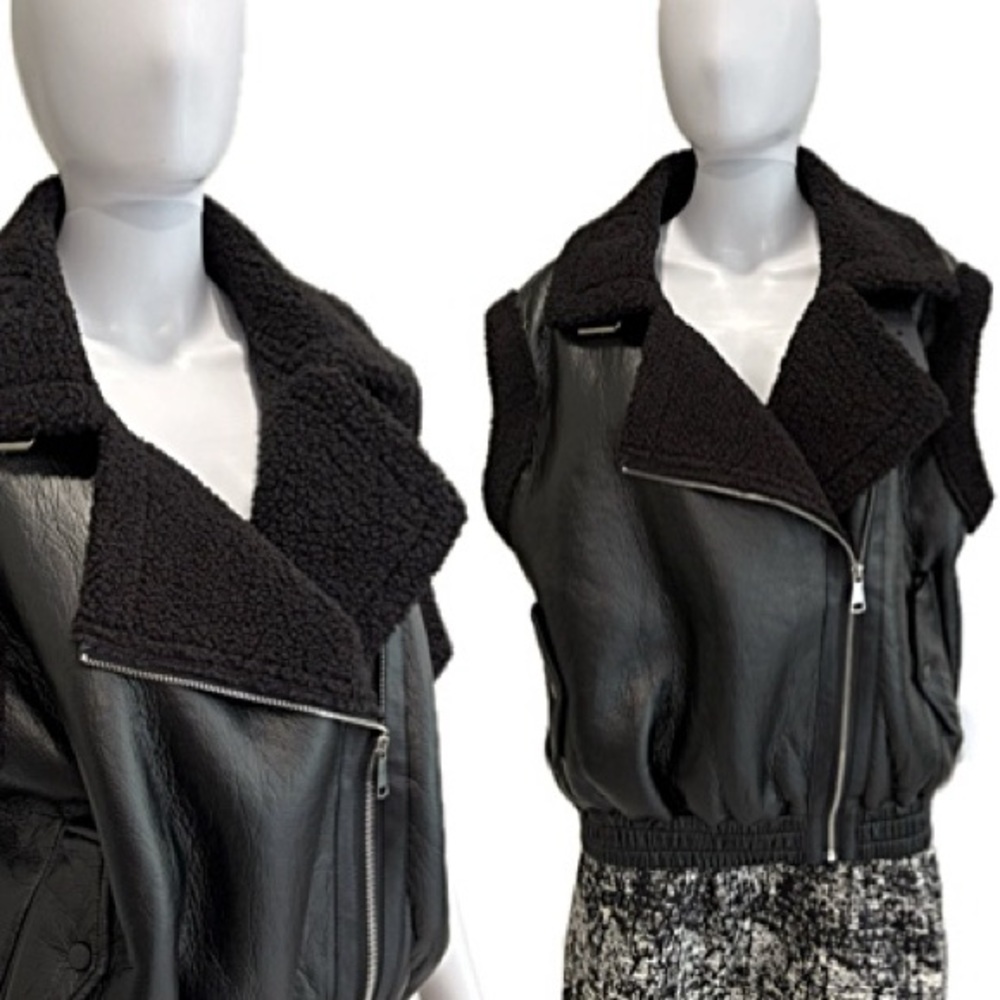 Oak & Fort Pebbled Faux Leather Shearling Sherpa Lined Moto Zip Vest One Size